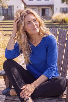 Suprema® Studio 3/4 Sleeve Studded V-Neck Tee