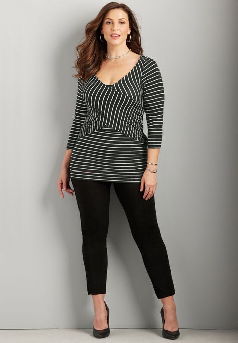 Curvy Collection Wrap Front Top, BLACK IVORY STRIPE, hi-res image number null
