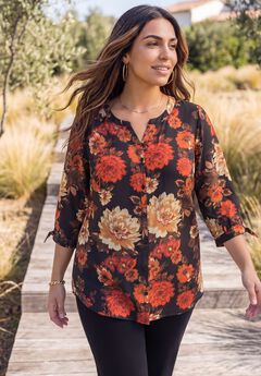 Georgette Buttonfront Tie Sleeve Cafe Blouse
