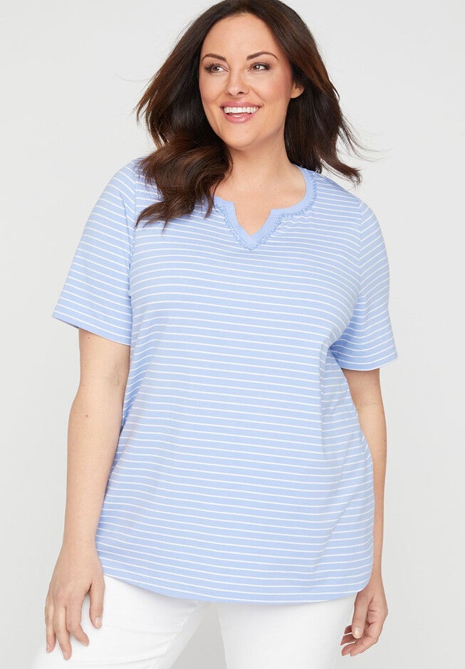 Striped Embroidered-Neck Suprema Top, GRAPEMIST WHITE STRIPE, hi-res image number null