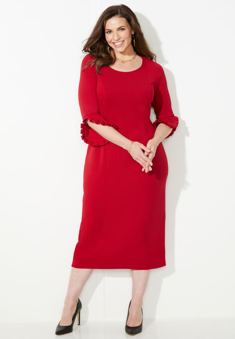 Ruffle Sleeve Shift Dress, CLASSIC RED, hi-res image number null