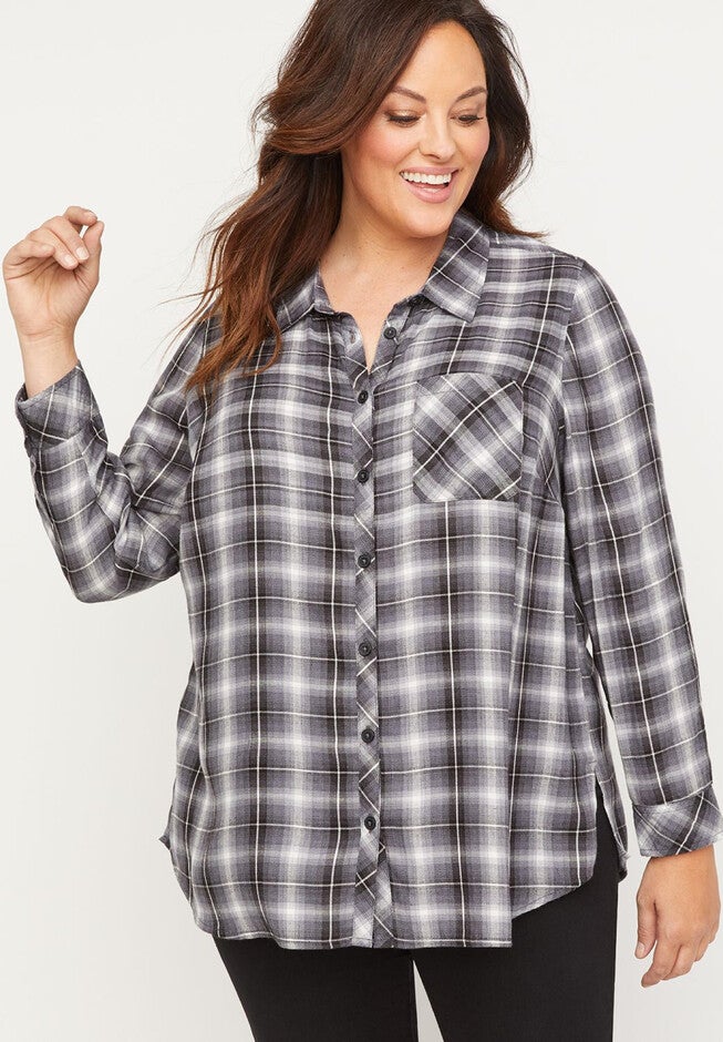 Terrace Plaid Buttonfront Top, BLACK WHITE PLAID, hi-res image number 0