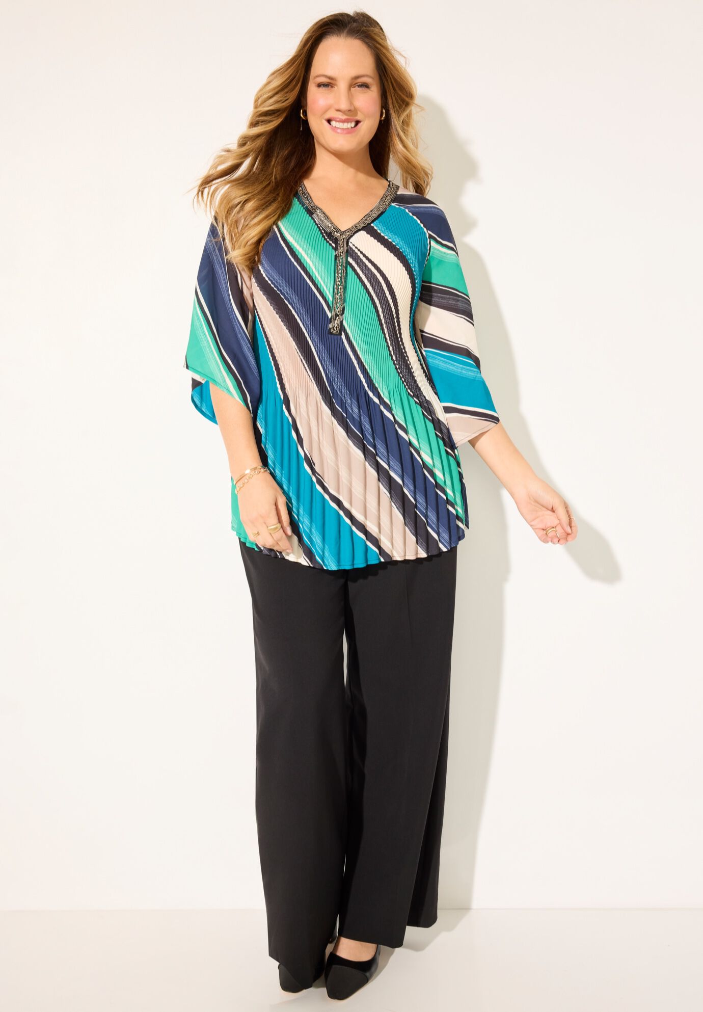 Bejeweled Pleated Blouse, BLUE BIAS STRIPES, on-hover image number 1