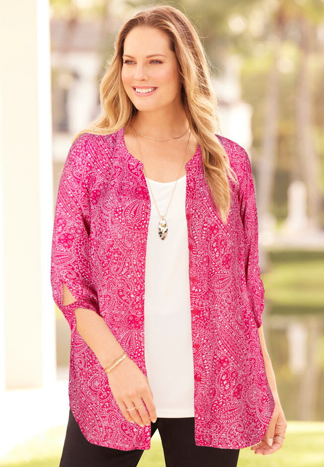  Catherines Womens Plus Size Georgette Buttonfront Tie Sleeve  Cafe Blouse - 2X, Pink Burst Painted Paisley