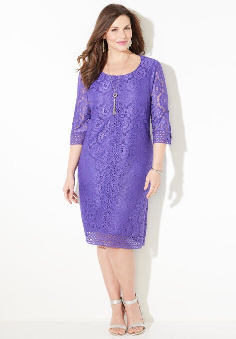 Crochet Trim Shift Dress, DARK VIOLET, hi-res image number null