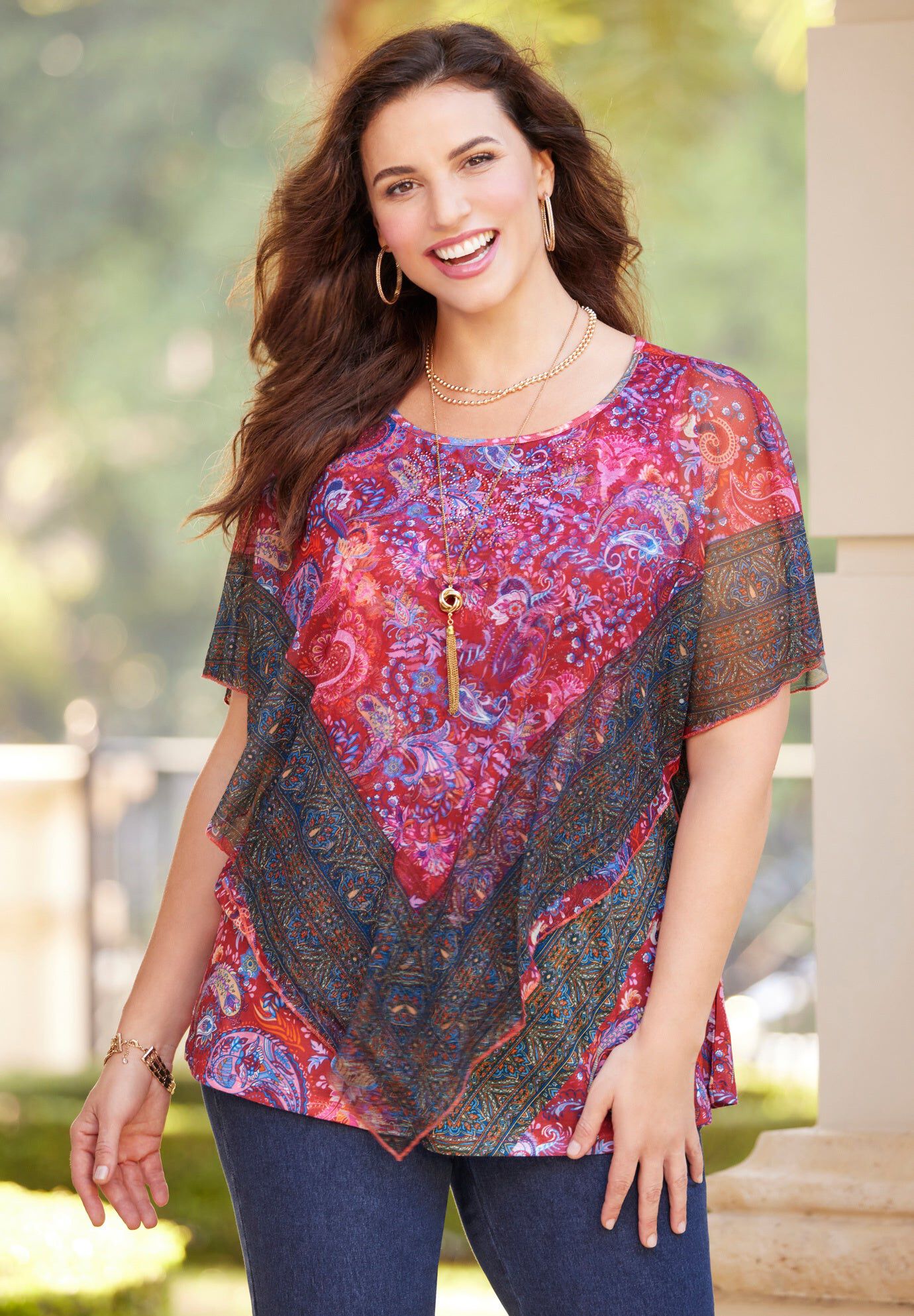 Poncho Duet Blouse, RED PAISLEY BORDER, hi-res image number 0