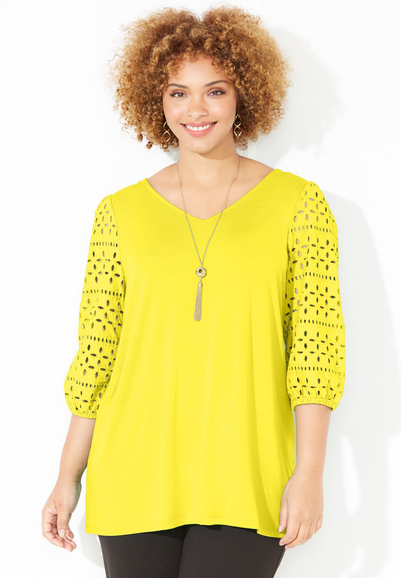 Liz&Me&reg; Eyelet Peasant Top, BRIGHT YELLOW, hi-res image number 0
