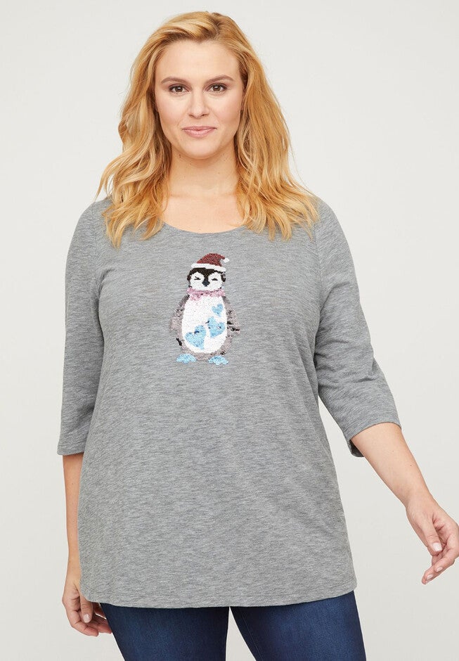 Love My Penguin Sequin Swipe Tee, GREY PENGUIN, hi-res image number null