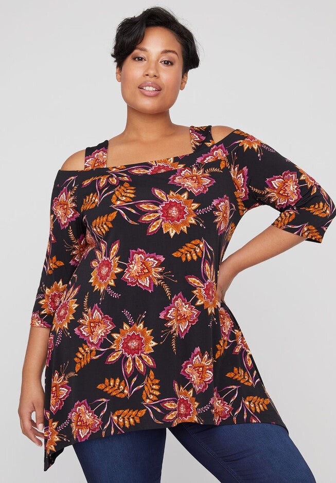Pink Blossom Cold-Shoulder Top, BLOSSOM PRINT, hi-res image number null