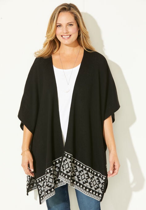 Border Print Ruana Wrap, BLACK GREY BORDER, hi-res image number null