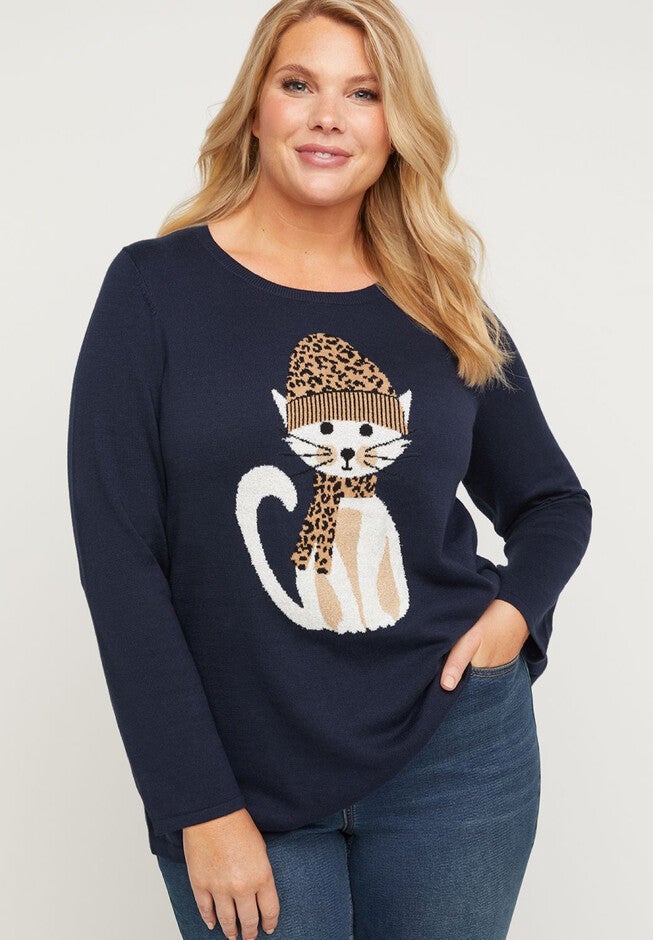 Lily Cat Pullover Sweater, MARINER NAVY, hi-res image number 0