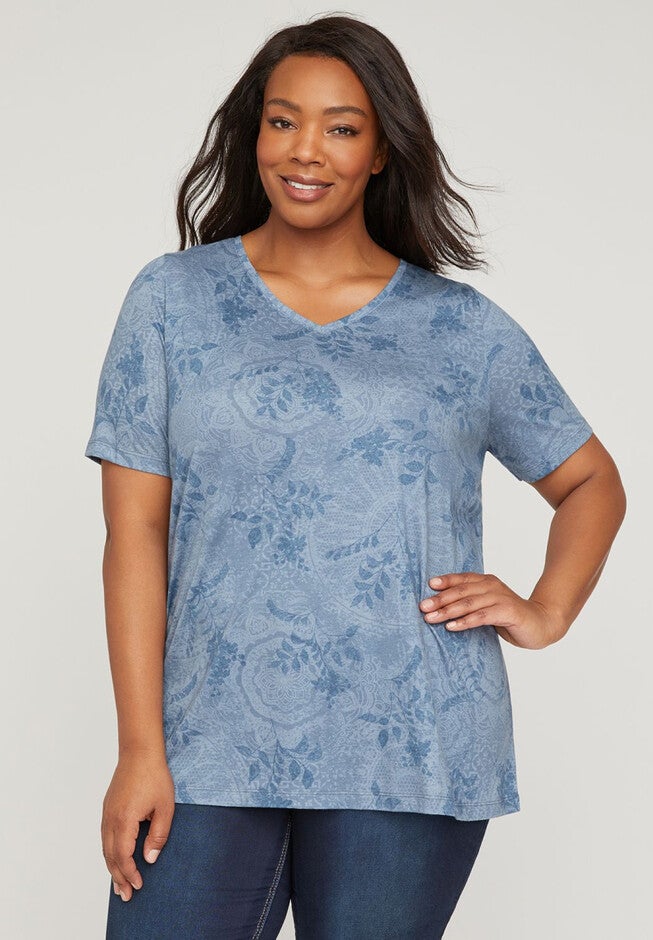 Botanical Lace V-Neck Tee, BEARING SEA, hi-res image number null
