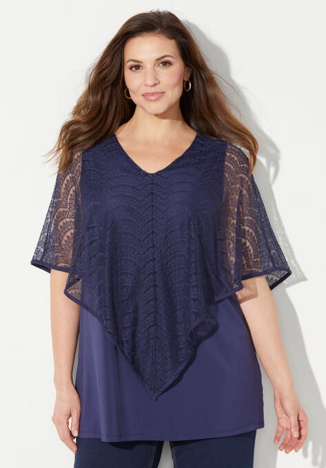 Crochet Poncho Duet Top, NAVY, hi-res image number null