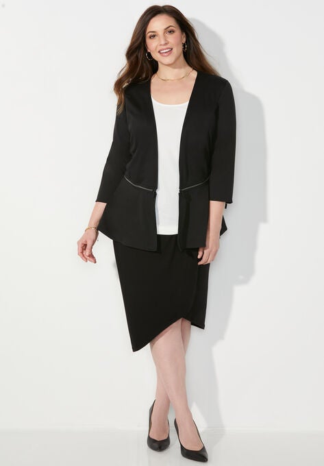 Curvy Collection Ponte Knit Peplum Blazer, BLACK, hi-res image number null