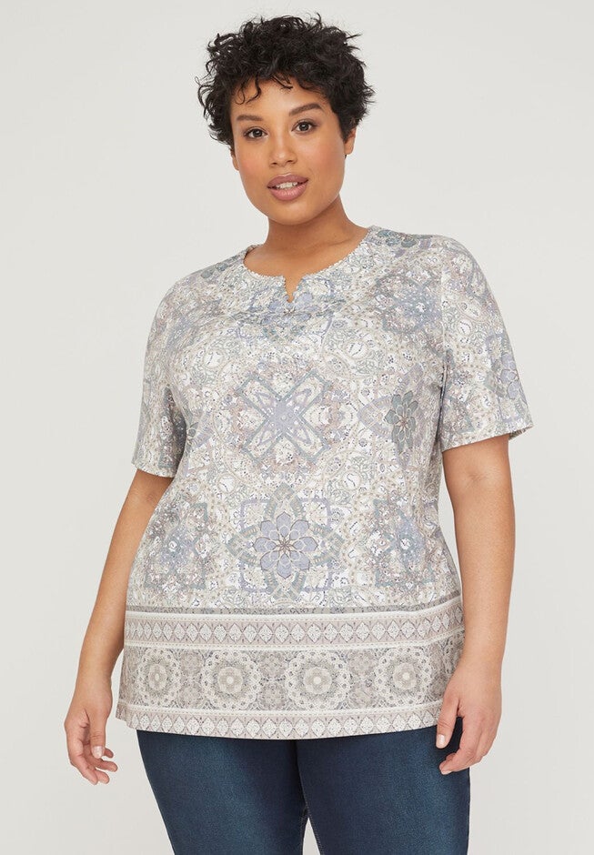 Touch of Lace Top, KHAKI BORDER TILE, hi-res image number null