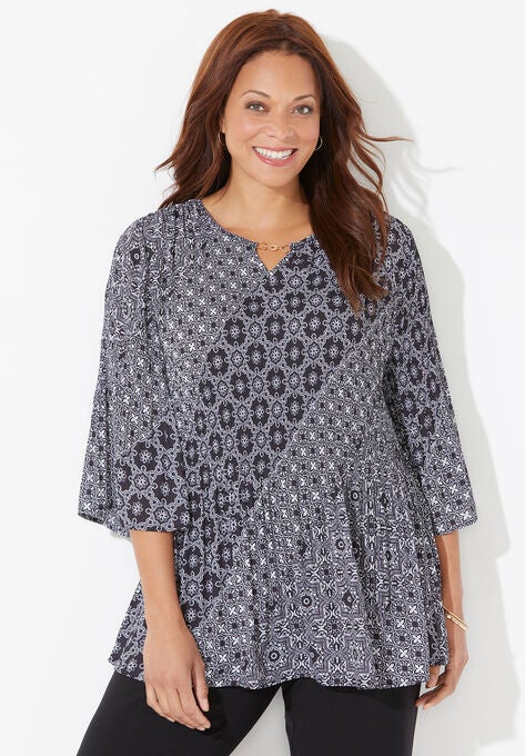 Affinity Chain Pleated Blouse, BLACK WHITE TILE PRINT, hi-res image number null