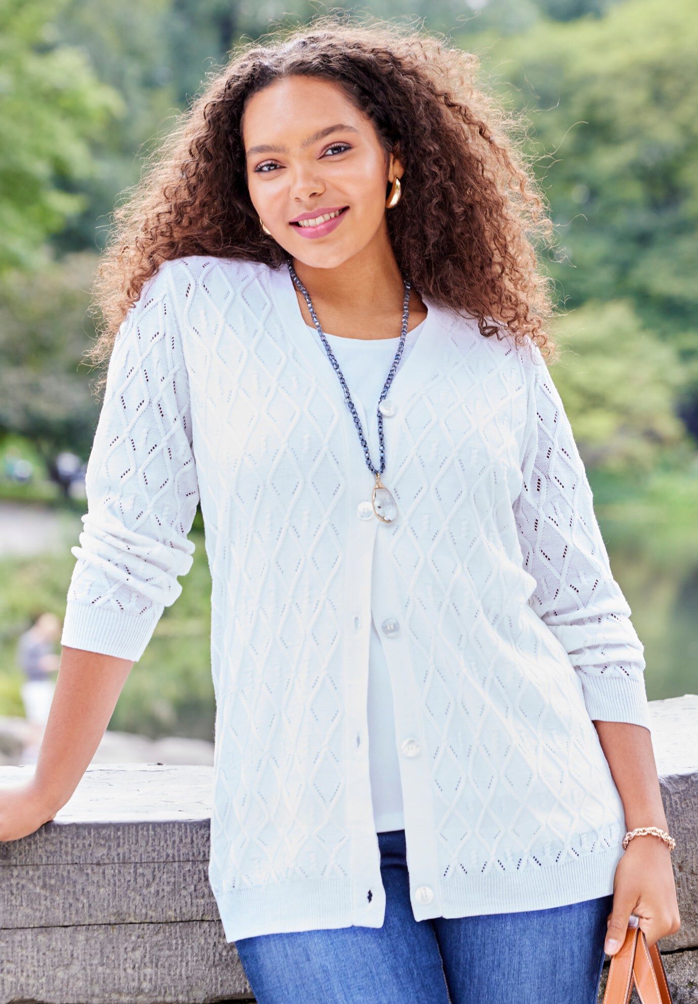 Pointelle V-Neck Cardigan, WHITE, hi-res image number 0