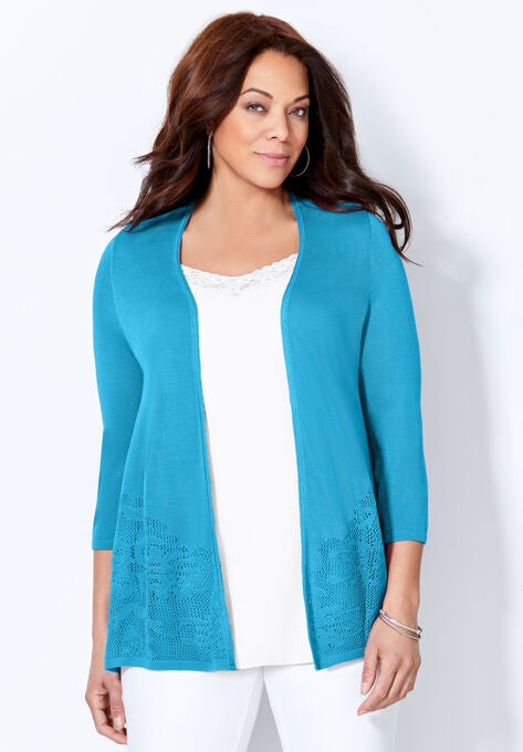 Embroidered Lace Cardigan, AQUA OCEAN, hi-res image number null