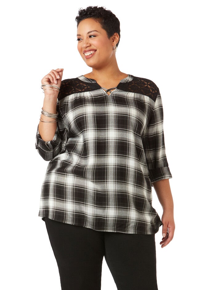 Albany Plaid Popover, BLACK WHITE PLAID, hi-res image number null