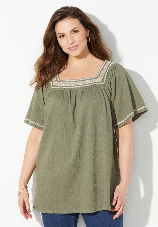 Square-Neck Gauze Peasant Top, OLIVE GREEN, hi-res image number 0