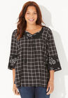 Twin-Print Georgette Peasant Blouse, BLACK WHITE PLAID, hi-res image number null