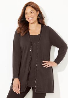 Sequin Trim Tank Cardigan Duet