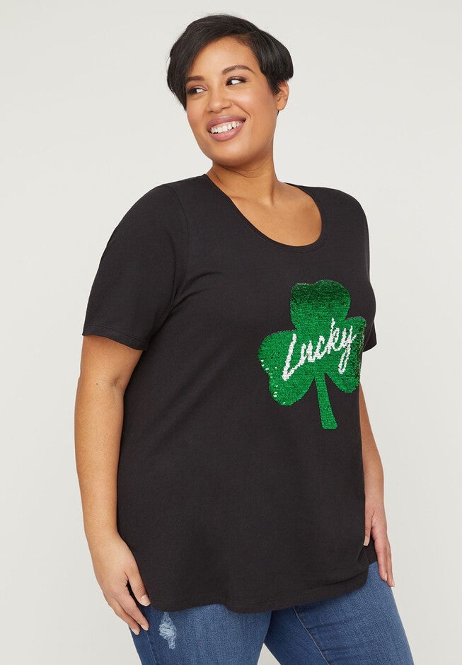 Sequin Swipe Shamrock Tee, BLACK GREEN GOLD, hi-res image number 0