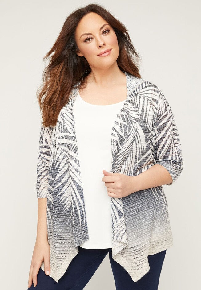 Floral Shadow Stripe Cardigan with Hood, BEIGE LEAF PRINT, hi-res image number null