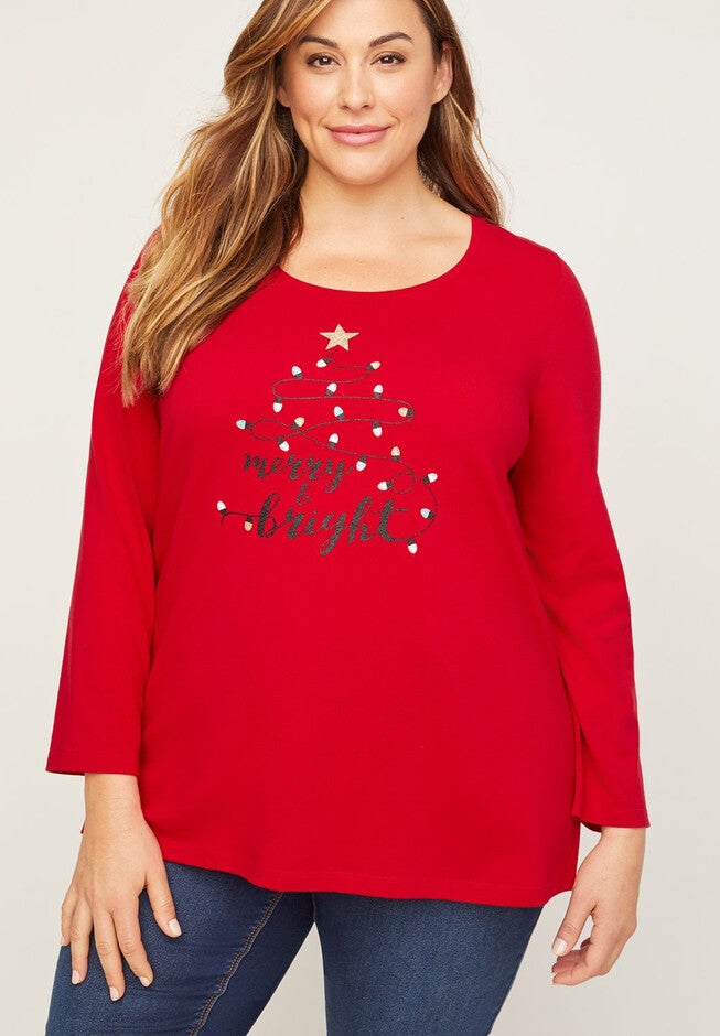 Merry & Bright Top With Long Sleeves, RED, hi-res image number null