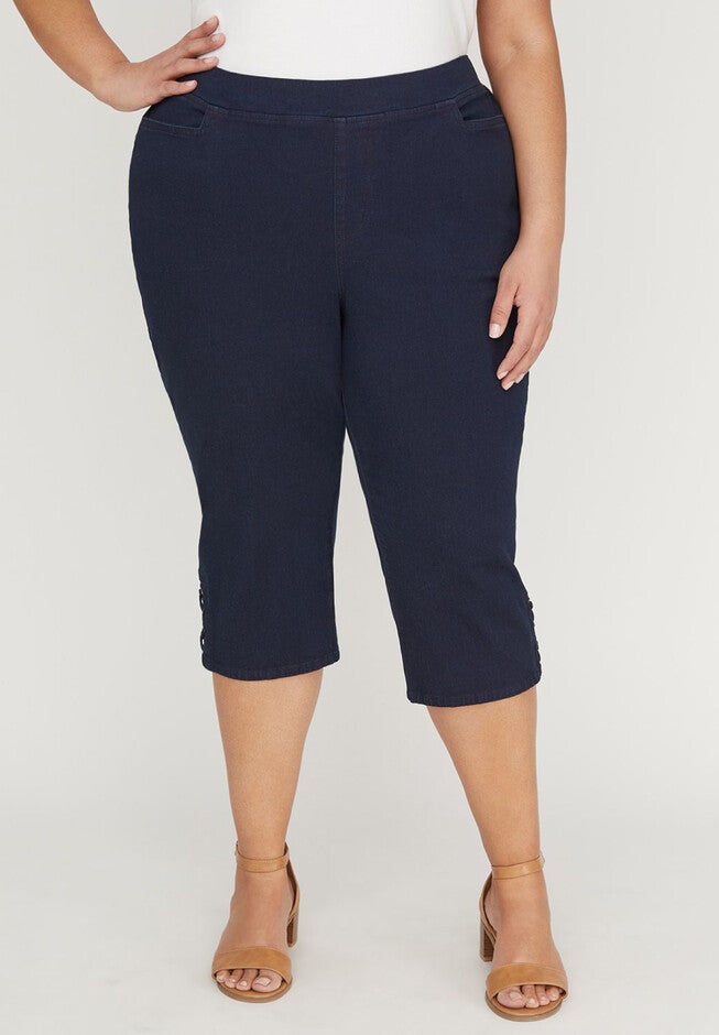 Essential Flat Front Denim Capri with Crisscross Detail, OXFORD BLUE WASH, hi-res image number null