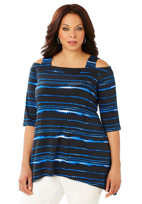 Asymmetry Open-Shoulder Tunic, BLACK WATERCOLOR STRIPE, hi-res image number null