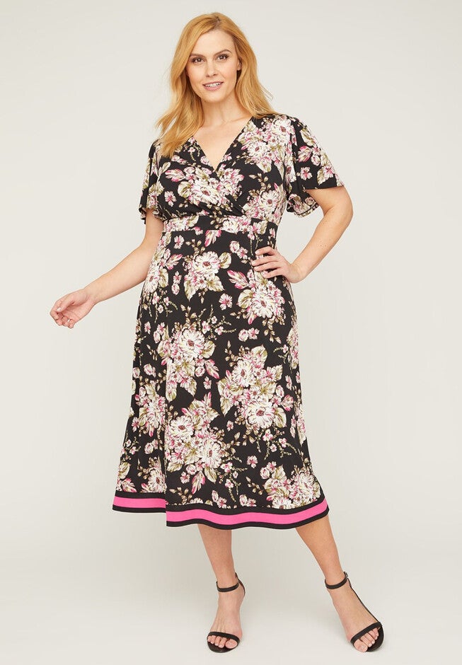 Rose Veranda Faux-Wrap Fit & Flare Dress, ROSE FLORAL PRINT, hi-res image number null