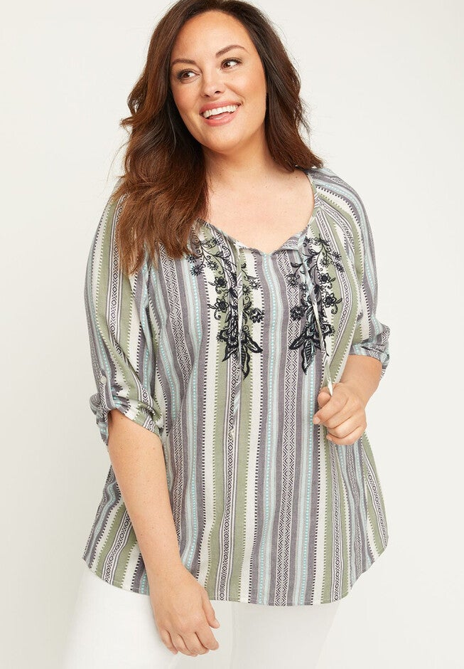 Embroidered Harbor Peasant Top, GREEN BLUE PATTERN, hi-res image number null