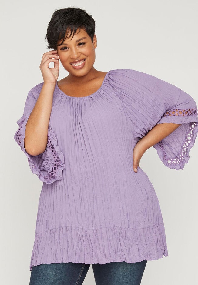 Lavender Pleated Blouse with Crochet, PURPLE HAZE, hi-res image number null