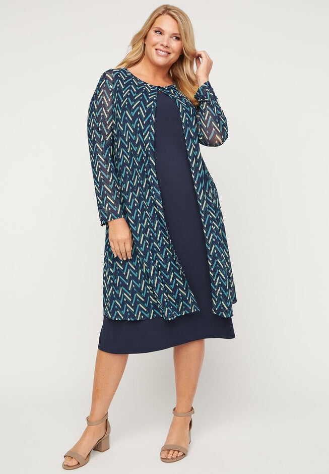Marina Mesh Overlay Jacket Dress, BLUE CHEVRON, hi-res image number null