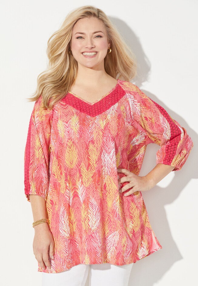 Crochet Trim Gauze Top, PINK BURST TROPICAL FOLIAGE, hi-res image number 0