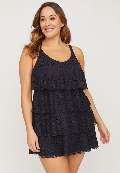 Crochet Flounce Swimdress, BLACK, hi-res image number null