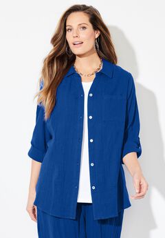 AnyWear Pucker Cotton Buttonfront Roll Tab Shirt