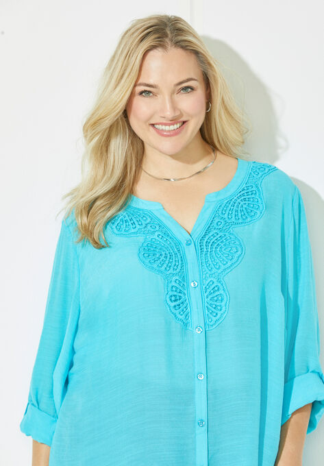 Scalloped Crochet Buttonfront Blouse, , alternate image number null