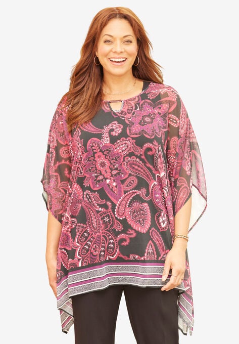 Keyhole Georgette Poncho, PINK BURST PAISLEY BORDER, hi-res image number null