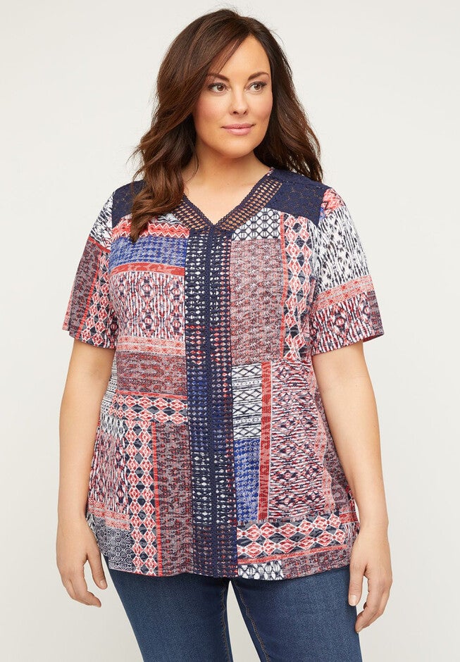 Americana Tile Top with Embroidery, RED PRINT, hi-res image number 0