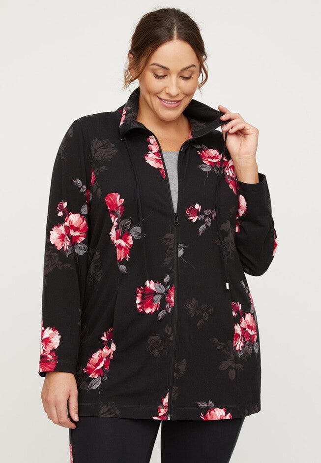 Active Floral Yoga Jacket, BLACK WITH FLORAL, hi-res image number 0