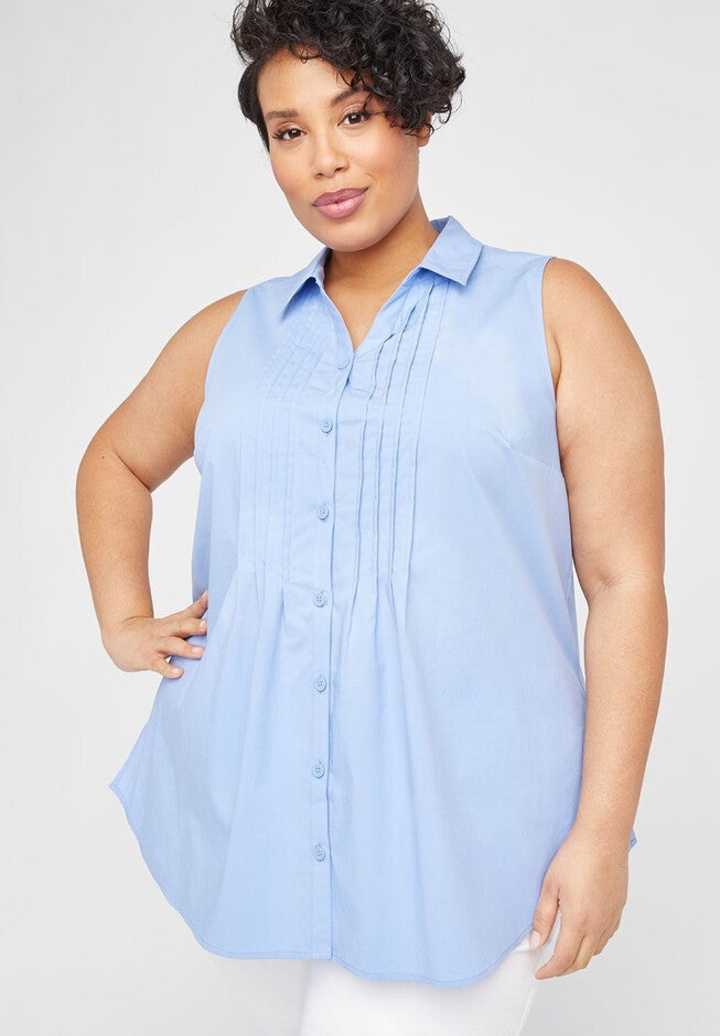 Pintuck Pleat Buttonfront Tunic, LIGHT BLUE, hi-res image number null