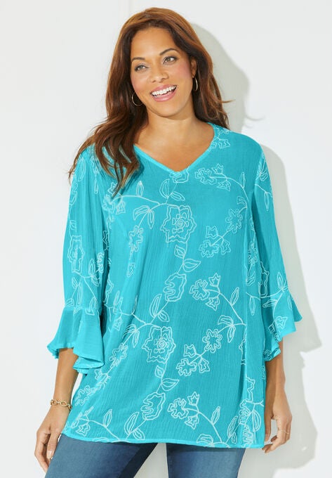 Embroidered Gauze Tunic, AQUA BLUE WHITE, hi-res image number null