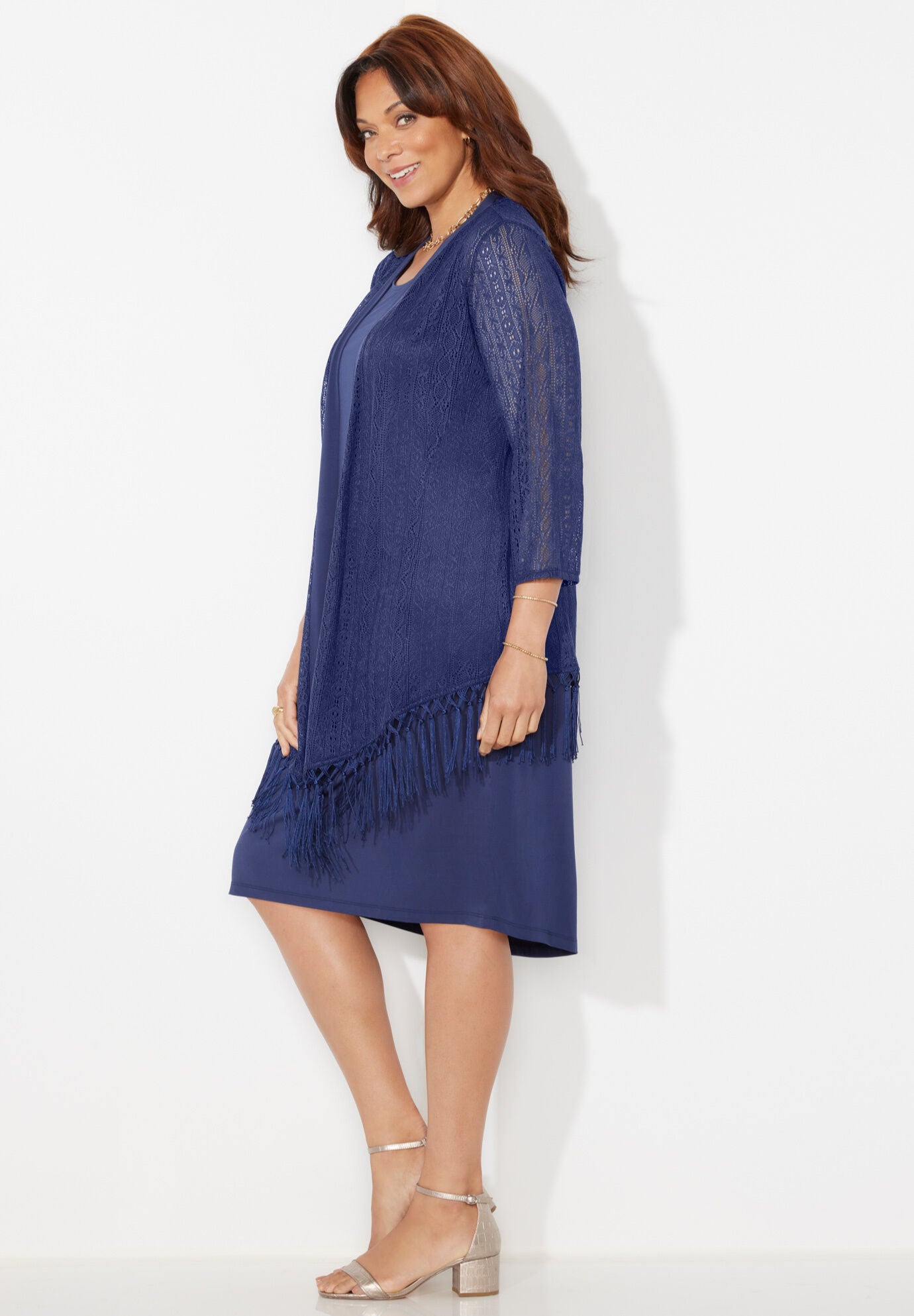 Crochet Fringe Jacket and Dress, NAVY, alternate image number 2