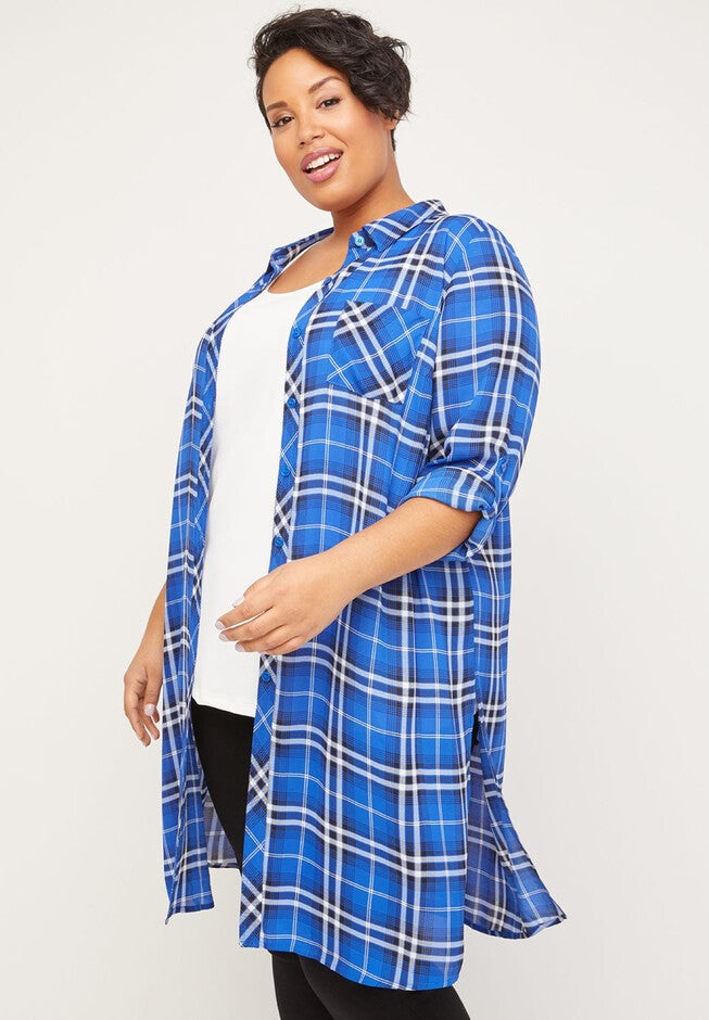 Riverbank Georgette Plaid Duster, BLUE PLAID, hi-res image number 0