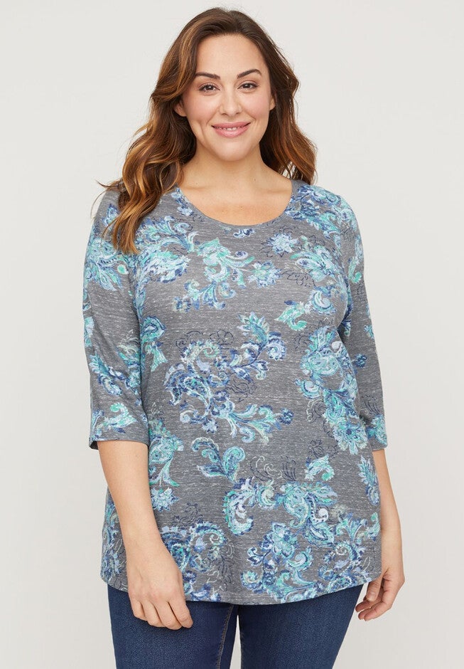 Paisley Horizon 3/4-Sleeve Tee, GREY BLUE PAISLEY, hi-res image number null
