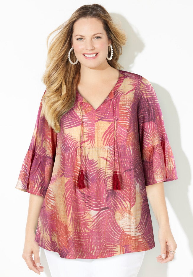 Island Time Flowy Top, PINK BURST TEXTURED TROPICAL, hi-res image number 0