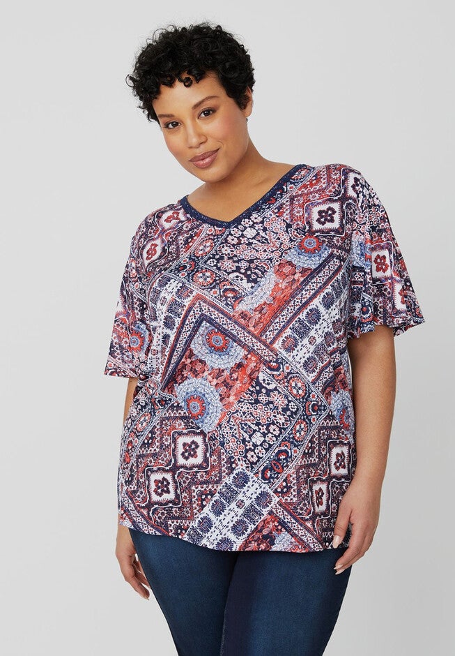 Tapestry Print Top, BLUE RED WHITE, hi-res image number null