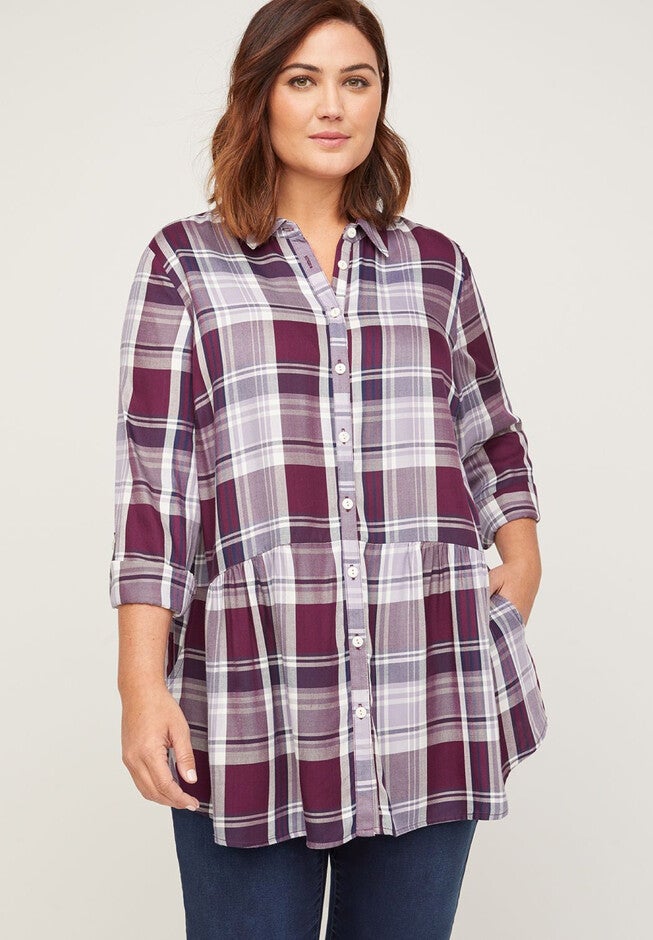 Peplum Perfection Buttonfront Tunic (With Pockets), PURPLE PLAID, hi-res image number 0